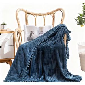 DISSA Fleece Blanket Throw Size  51x63, Blue  Soft, Plush, Fluffy, Fuzzy, Warm, Cozy  Perfect Throw for Couch, Bed, Sofa - with Pompom Fringe - Flannel Blanket Throw Blanket