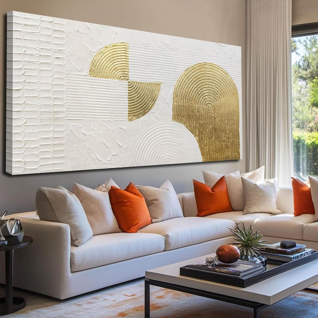 VAYIMDH Large Canvas Wall Art for Living Room Gold Wall Decor White Paintings Abstract Pictures Hand Drawn Arts for Office Hotel 29"x58"