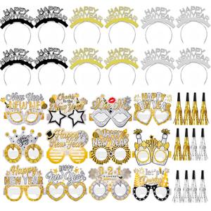 YVAINE 36 Pieces New Years Eve Party Supplies 2026 Happy New Year Decorations Include 12 Headband Tiaras 12 Noise Makers and 12 New Year Eyeglasses for New Year Party Decorations