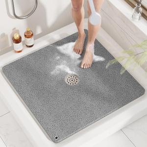 HITSLAM Shower Mat, 27x27 Inch Square Non Slip Bathtub Mat, Soft PVC Loofah Bath Mat for Tub with Hanging Holes, Quick Drying Shower Floor Mat, Without Suction Cups, Grey