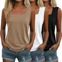Velvelhall 3 Pack Summer Women's Tank Tops Casual Sleeveless Shirt Loose Fit Square Neck Tank Top(Small,Khaki, White, Black)
