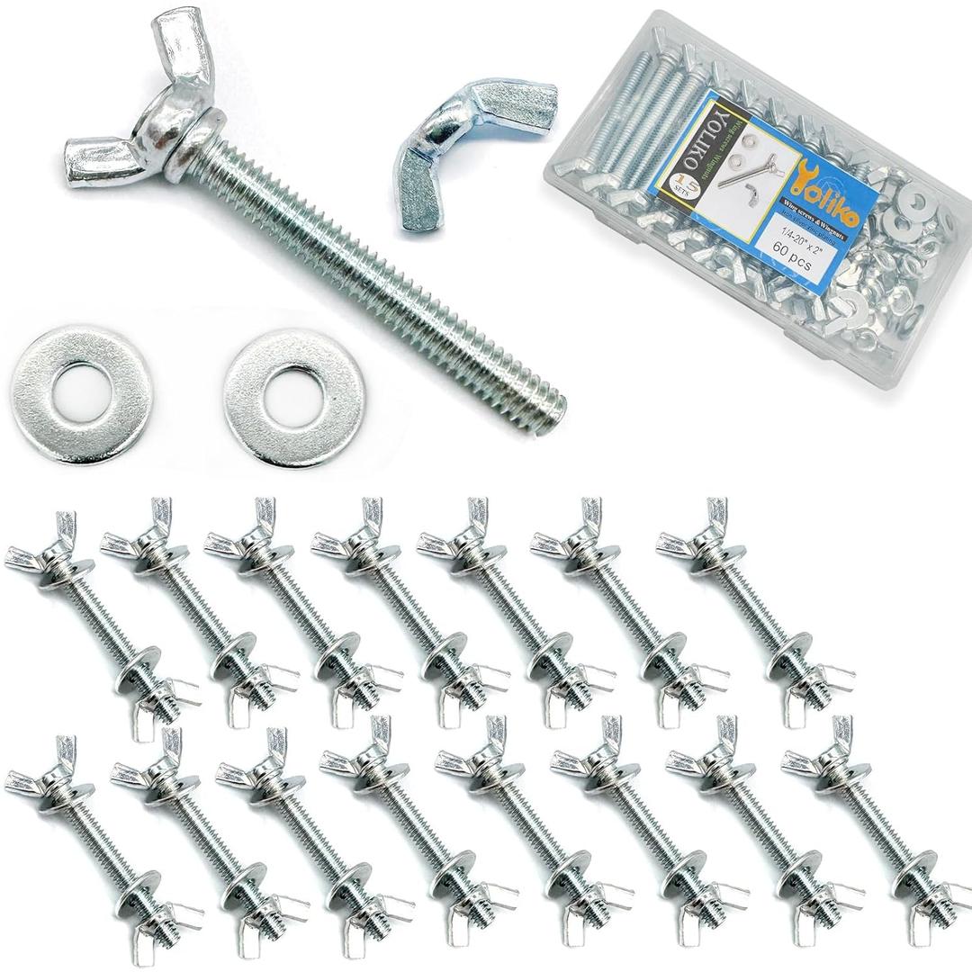 15 Sets (60 Pcs Total) Silver Zinc Coated 1/4"-20 x 2 Wing Screw Bolts Wing Nuts and Flat Washers Kit Hand Twist Tighten Wing Head Butterfly Screws and Nut Fasteners Assorted Kit