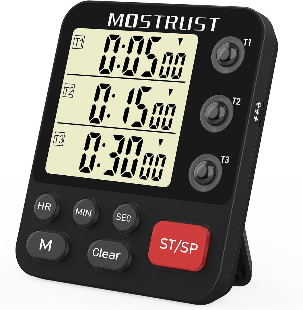 Digital Dual Kitchen Timer, 3 Channels Triple Countdown Timer for Cooking, Magnetic Memory-Preset Large Display Adjustable Volume, Multi Time Management, 3A Battery Included, Black