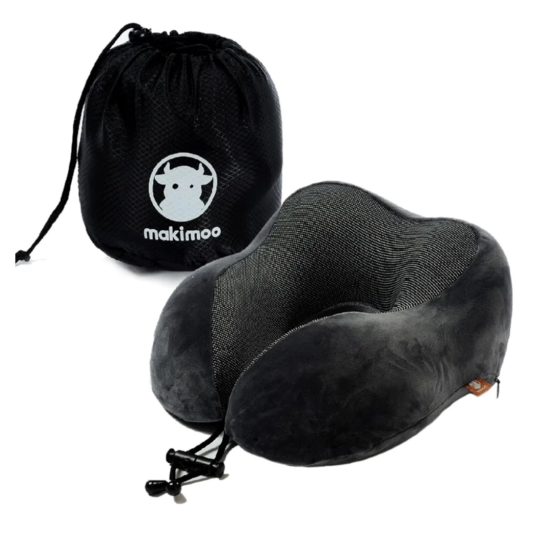Memory Foam Travel Pillow, Neck Pillow with 360-Degree Head Support, Comfortable and Lightweight, Ideal for Sleeping on Airplane, Car, Train, Bus and Home Use, Comes with Storage Bag (Grey)