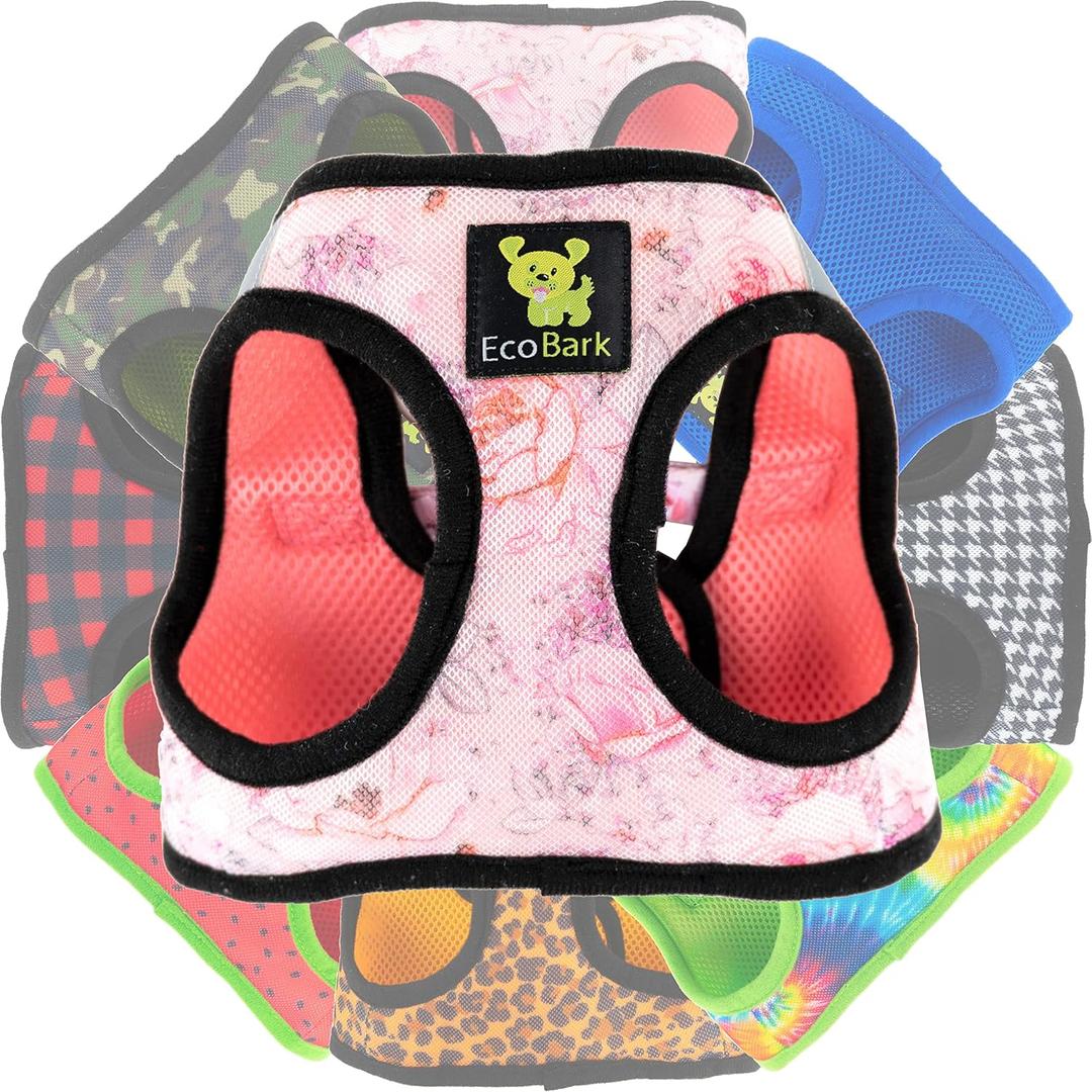 EcoBark Step in Dog Harness - Eco-Friendly Teacup Dog Harnesses for Dogs - Reflective and Adjustable Mini Body Halter -Tiny Soft Mesh Toy Breed Vest Under 5 lbs (Floral, XXS) (French Floral Pink)