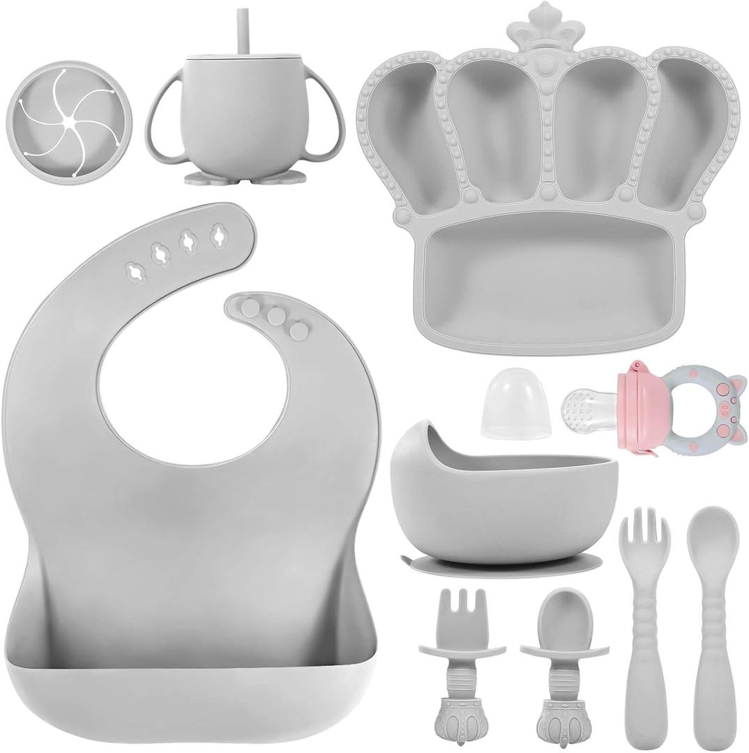 Silicone Baby Feeding Set 10 Pcs Baby Led Weaning Supplies Suction Bowl Divided Plate Baby Bibs Fruit feeder Pacifier Baby Spoons Forks Sippy Cup Utensil Sets Baby Essentials for Newborn Grey (Gray)