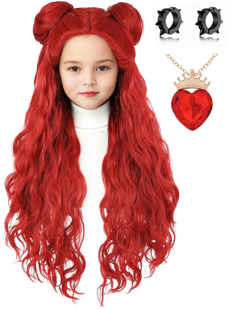 Kids Costume Wig with Buns and Red Necklace Earrings Long Wavy Hair Wigs for Girls Halloween Cosplay