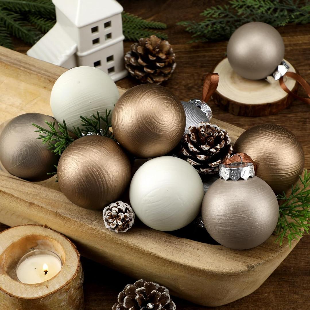 12 Pcs Modern Neutral Christmas Ball Ornaments Set 2.4 Inch Rustic White Brown Xmas Baubles Shatterproof Textured Farmhouse Modern Christmas Decor for Xmas Tree Holiday Indoor Home Decor