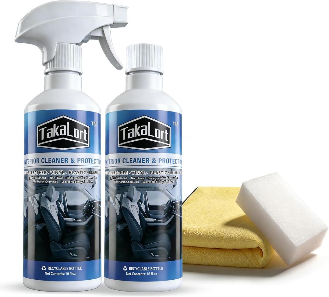 Car Interior Cleaner & Protectant, 32 Fl Oz Interior Detailer Spray Cleans & Helps Protect Dashboard, Leather, Vinyl & Plastic, Includes Towel & Cleaning Sponge (Pack of 2)