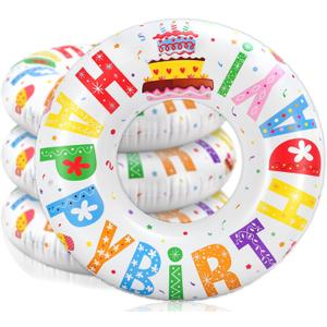Whaline 3Pcs Happy Birthday Inflatable Pool Floats Swim Rings Colorful Words Birthday Cake Swimming Pool Tubes for Adults Teens Summer Beach Bachelorette Party, 30 x 14 Inch