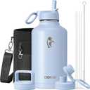 Half Gallon Water Bottle Insulated with Straw & 3 Lids, Coolflask 64 oz Water Jug Large Metal Stainless Steel Wide Mouth for Sports, Gym or Office, Non-BPA Keep Cold 48H Hot 24H, Light Blue