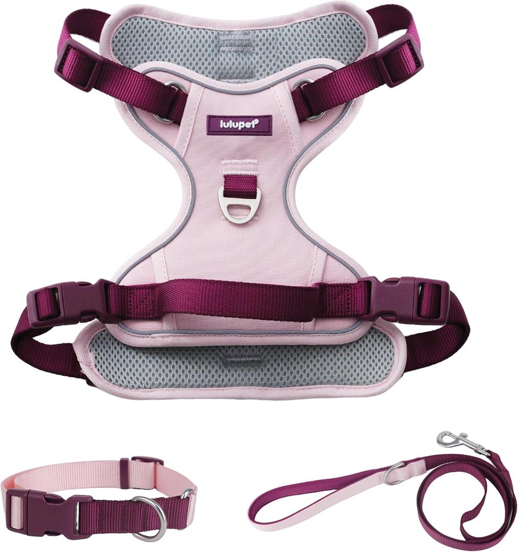 3 in 1 No Pull Dog Harness Leash and Collar Set, Soft Adjustable Dogs Vest Reflective and Comfortable Handle, XL(Neck:23-34",Chest:31-43") 88-110 lbs, Pink