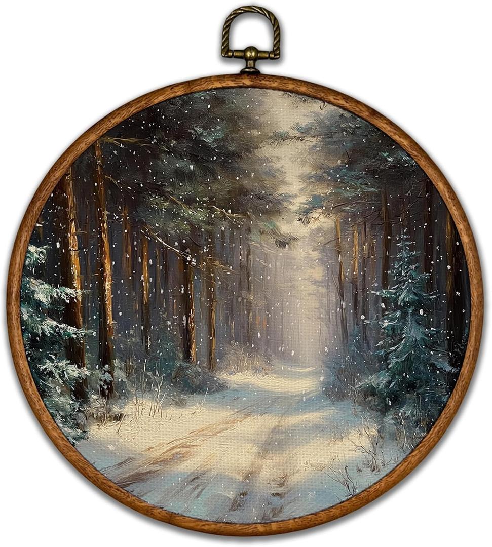 BCUANGD Winter Round Wall Art Decor - Vintage Winter Landspace Wall Art Canvas Frame Artwork Prints, Rustic Xmas Holiday Cottage Round Wall Hanging Decorations for Home Farmhouse Bedroom, 10"x10" (Winter Christmas-15)