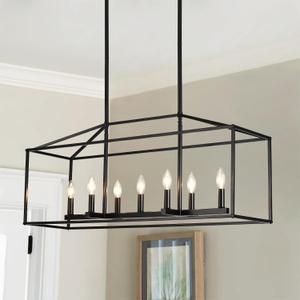 Dining Room Chandelier,7 Light Kitchen Island Light Modern Farmhouse Chandeliers Contemporary Pendant Light Matte Black Finish Rectangle Modern Pendant Light Adjustable Height