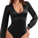PINKMSTYLE Womens Sexy Satin Silk Plunge V Neck Puff Long Sleeve Bodysuit Going Out Outfit (Medium, Black)