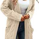 Women's Hooded Open Front Long Cardigan Cable Knit Sweaters Side Pocket Oversized Chunky Cardigan Outwear Coat (Beige)