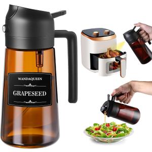 2 in 1 Oil Sprayer for Cooking, 16oz Olive Oil Dispenser Bottle for Kitchen Gadgets with 8 Stickers, Glass Bottle for Air Fryer (Dark Brown Bottle - Black Cap)
