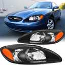 2PCS Headlights Assembly Set For 2000 2001 2002 2003 2004 2005 2007 2007 Ford Taurus SE SEL LX SES Sedan Wagon Replacement Headlamps Black Housing Amber Reflector FO2503169 FO2502169