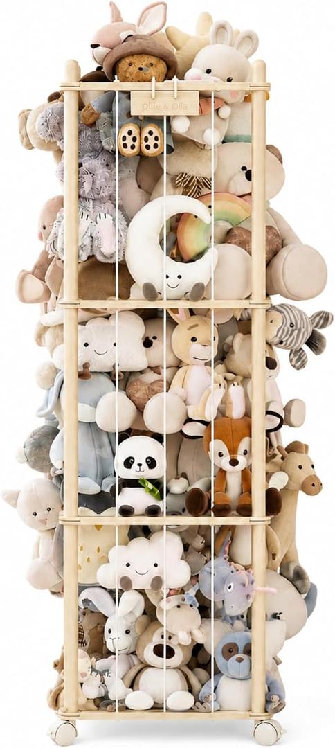 Stuffed Animal Toy Storage Zoo Organizer with wheels, Kids Wooden Toy Holder, Corner Stuffed Toy Storage Rack, Large Capacity Teddy Bear Organizer, Space Saving Nursery Bedroom Storage, Easy Install