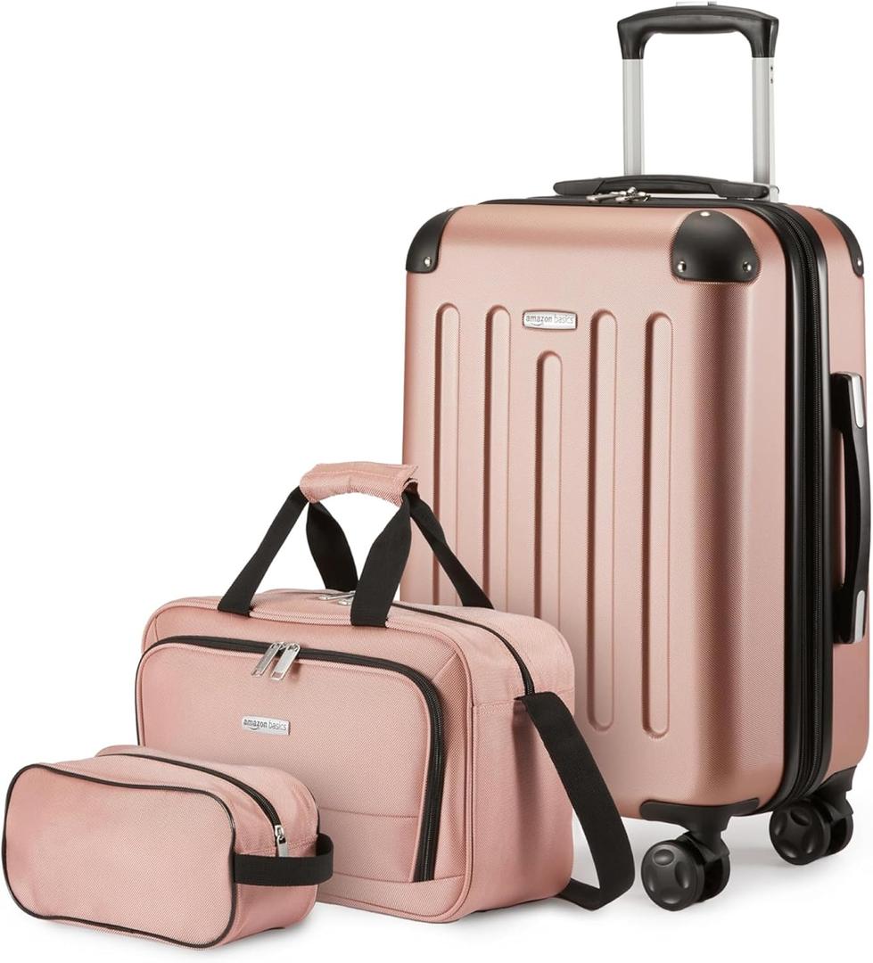 Amazon Basics 3-Piece Luggage Set, Including One Carry-On Luggage (22" Expandable Hardside Suitcase With 8 Spinner Wheels), One 15-inch Tote Bag, and One 10-inch Compact Travel Bag, Rose Gold