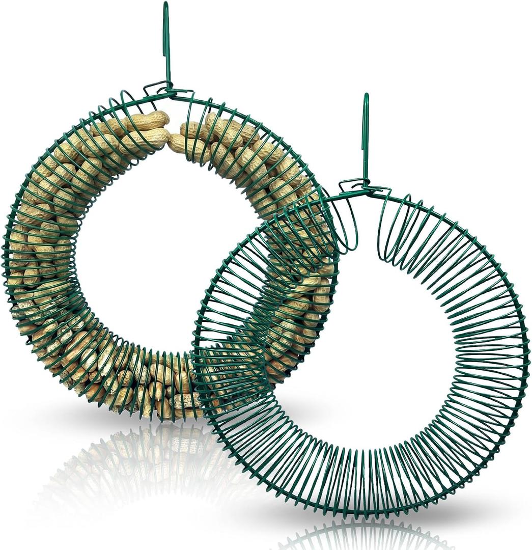 2 Pack Peanut Bird Feeder, Hanging Peanut Wreath Bird Feeder, Metal Round Feeder for Outdoor Birds & Squirrels Feeding, Whole Peanut Ring Bird Feeder with Hanging Hook, Rustproof & Weatherproof