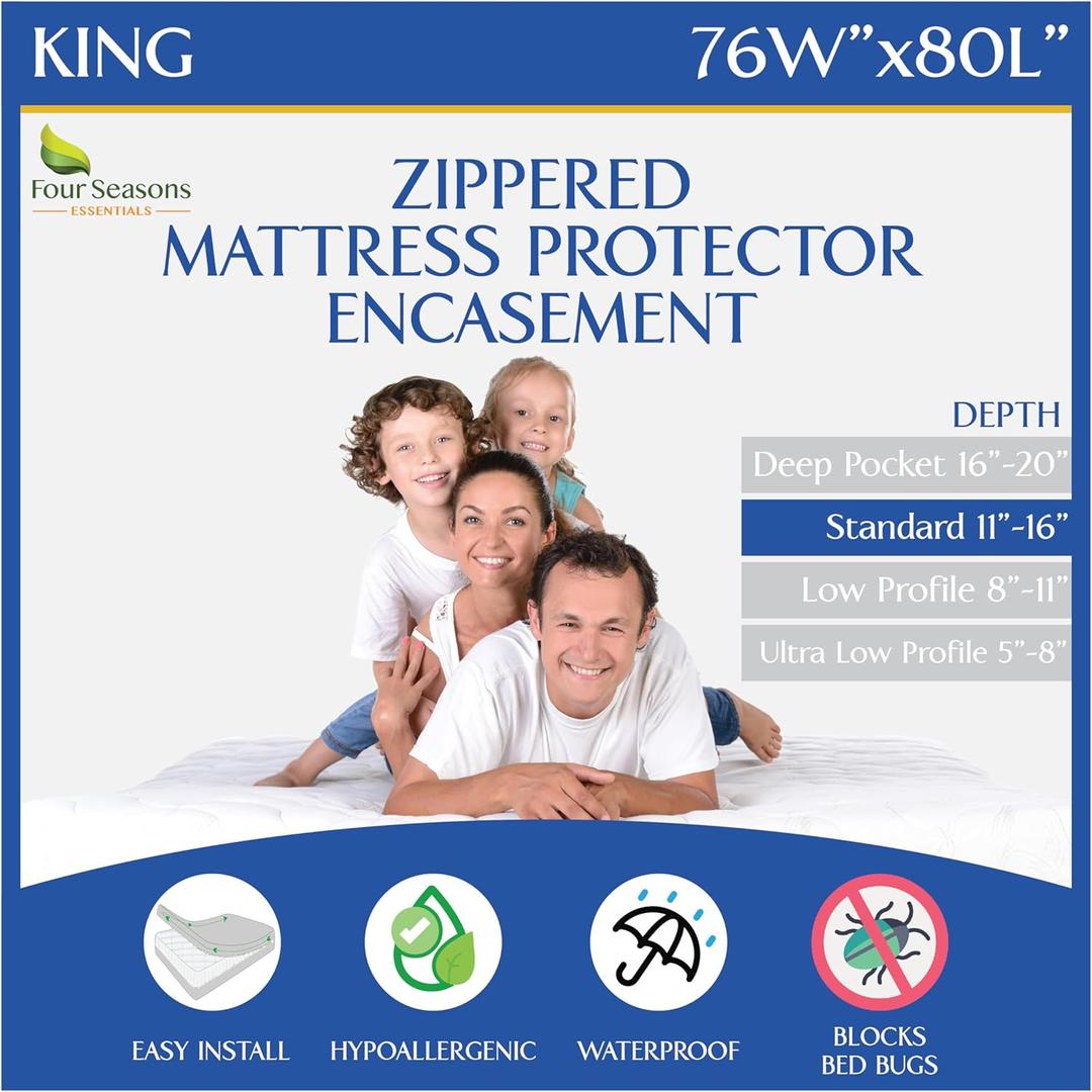 King Size Mattress Protector Bed Bug Waterproof Zippered Cover - Hypoallergenic Premium Quality Encasement Protects Against Liquids, Dust - Breathable, Noiseless White