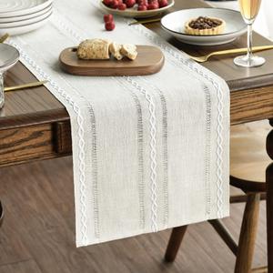 Artoid Mode Beige Rustic Cotton Linen Table Runner, Seasonal Embroidered Hollow Kitchen Dining Table Decoration for Home Party Decor 13x108 Inch