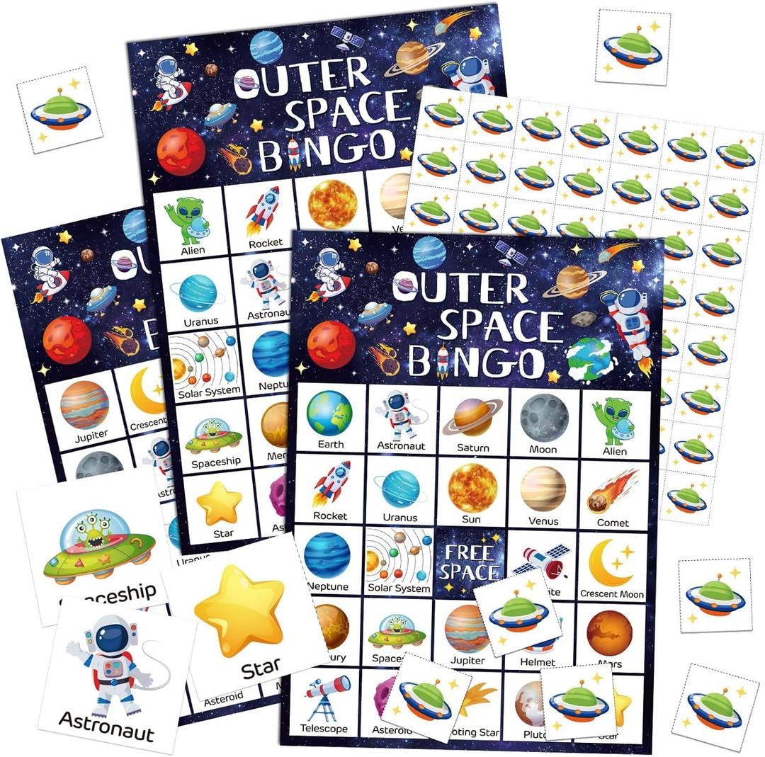 Shappy 35 Pcs Outer Space Party Bingo Cards 24 Players Outer Space Birthday Party Games Bingo Games for Adults Family Activities Birthday Wedding Party Favors Gifts