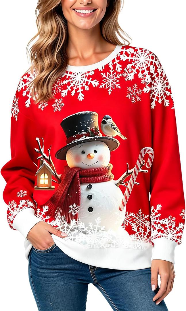 Christmas Sweatshirts for Women:Funny Snowman Printing Xmas Holiday Crewneck Long Sleeve Pullover Top (Large, Red)