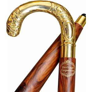 37" Vintage Classic Walking Sticks Curved Brass Handle Cane Victorian Style Brown Solid Wooden Shaft Walking Cane for for Mens and Women