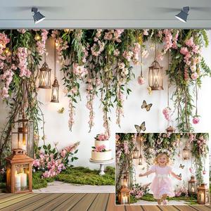 7 x 5 ft Floral Arch Backdrop Spring Butterfly Candle Flower Photography Background Wedding Baby Bridal Girl Birthday Party Banner Room Decor Portrait Photoshoot Wallpaper Photo Booth (Green)