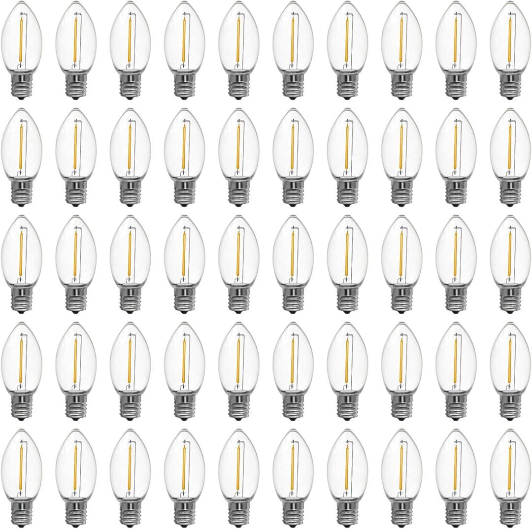 Meconard C9 Led Replacement Christmas Light Bulbs, C9 Shatterproof Plastic Led Bulbs for Christmas Outdoor String Lights, E17 Intermediate Base, Commercial Grade Holiday Bulbs, Warm White, 50 Pack