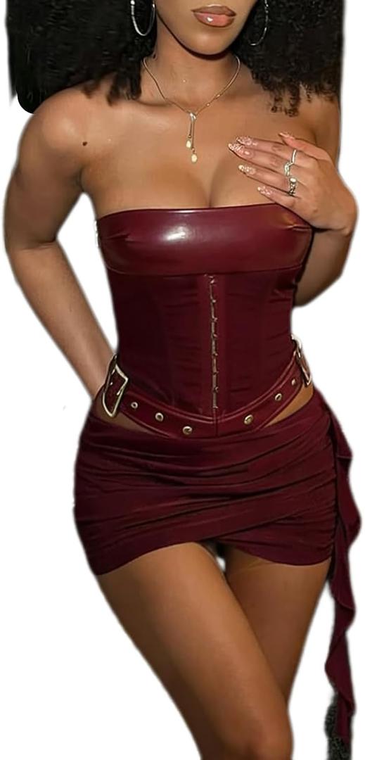 Sexy Two Piece Outfits for Women Off the Shoulder Leather Tube Top High Waist Ruched Mini Skirt Set Vacation Outfits (Small, Claret)