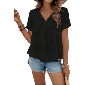 SweatyRocks Women's Short Sleeve Lace Trim Blouse V Neck Ruffle Hem Peplum Shirt Tops Black X-Small