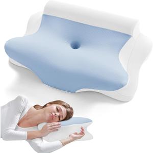 JOLLYVOGUE Neck Pillow for Pain Relief - Contour Memory Foam Cervical Pillow with Cooling Pillowcase, Ergonomic Orthopedic Support for Side Back Stomach Sleepers, White & Light Blue