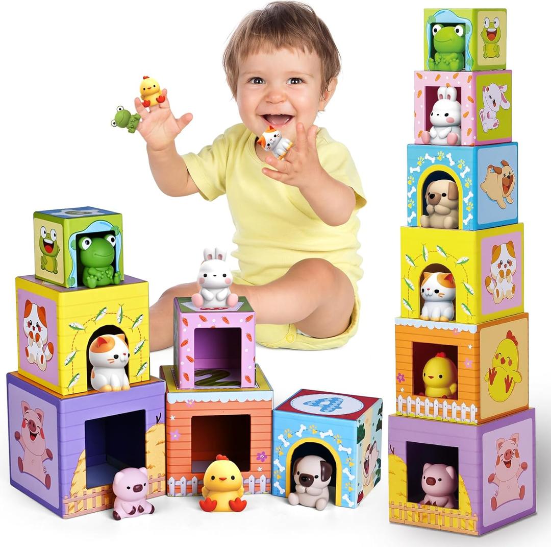 Toddler Farm Animal Sorting and Stacking Toys, Nesting Boxes and Blocks With Finger Puppets - Gifts for 1-3 Year Olds