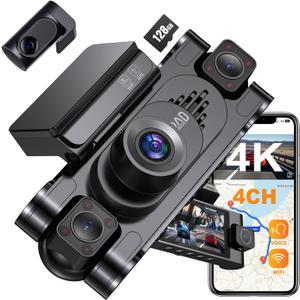 4K 360 DashCam for Cars,4 Channel Car Dash Cam Front and Rear Inside with 128GB Card Included,Voice Control,5.8G WiFi GPS,IR Night Vision, G Sensor, 24/7 Parking Mode &Loop Recording Dash Camera (black)