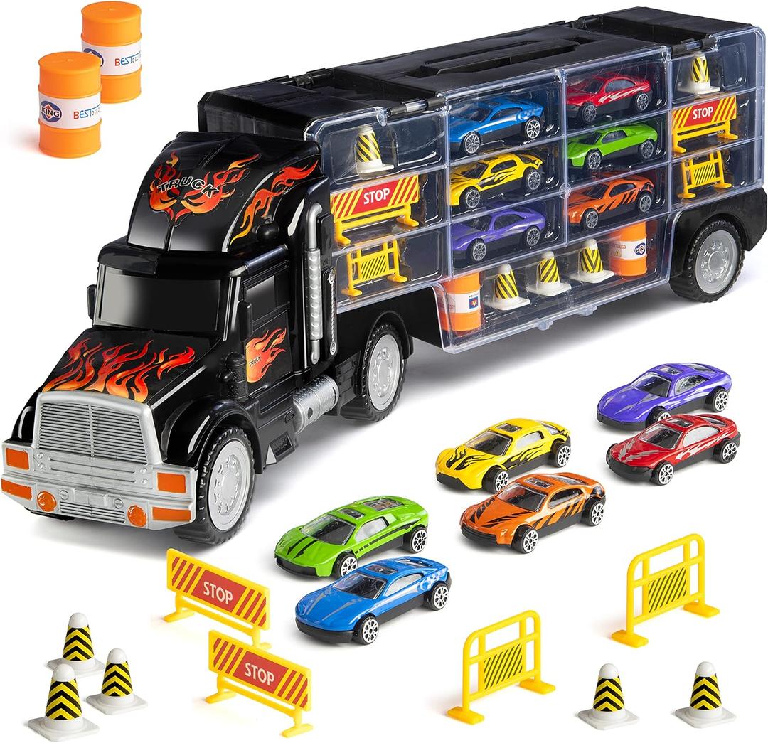 Toy Truck Car Carrier - Includes 6 Toy Cars and Accessories, Fits 28 Toy Car Slots - Great Gift for Boys and Girls - Original - By Play22