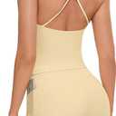 OMKAGI Workout Sets for Women Cute Spaghetti Strap Tank Tops Booty Shorts Outfits with Pockets (Yellow, XS)