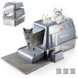 Stainless Steel Extra Large Covered Litter Box with High Sides Enclosed Lid for Big Tall Multiple Indoor Cat,Deep Metal,Jumbo Hooded,Low Entry Design for Dog Proof,Odor Control,Easy Clean,No Mess