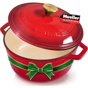 MUELLER HOME 7.5 QT Enameled Cast Iron Dutch Oven, Heavy-Duty Casserole Dish and Braiser Pan with Lid and Stainless Knob, Oven-Safe up to 500 F & Across All Cooktops, Red