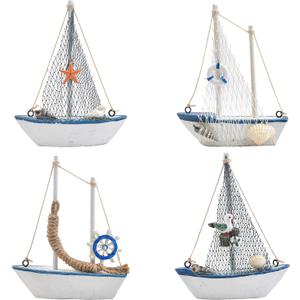 BUYGOO Mini Sailboat Model Decoration - 4-Piece Wooden Miniature Sailing Boat Home Decor Set