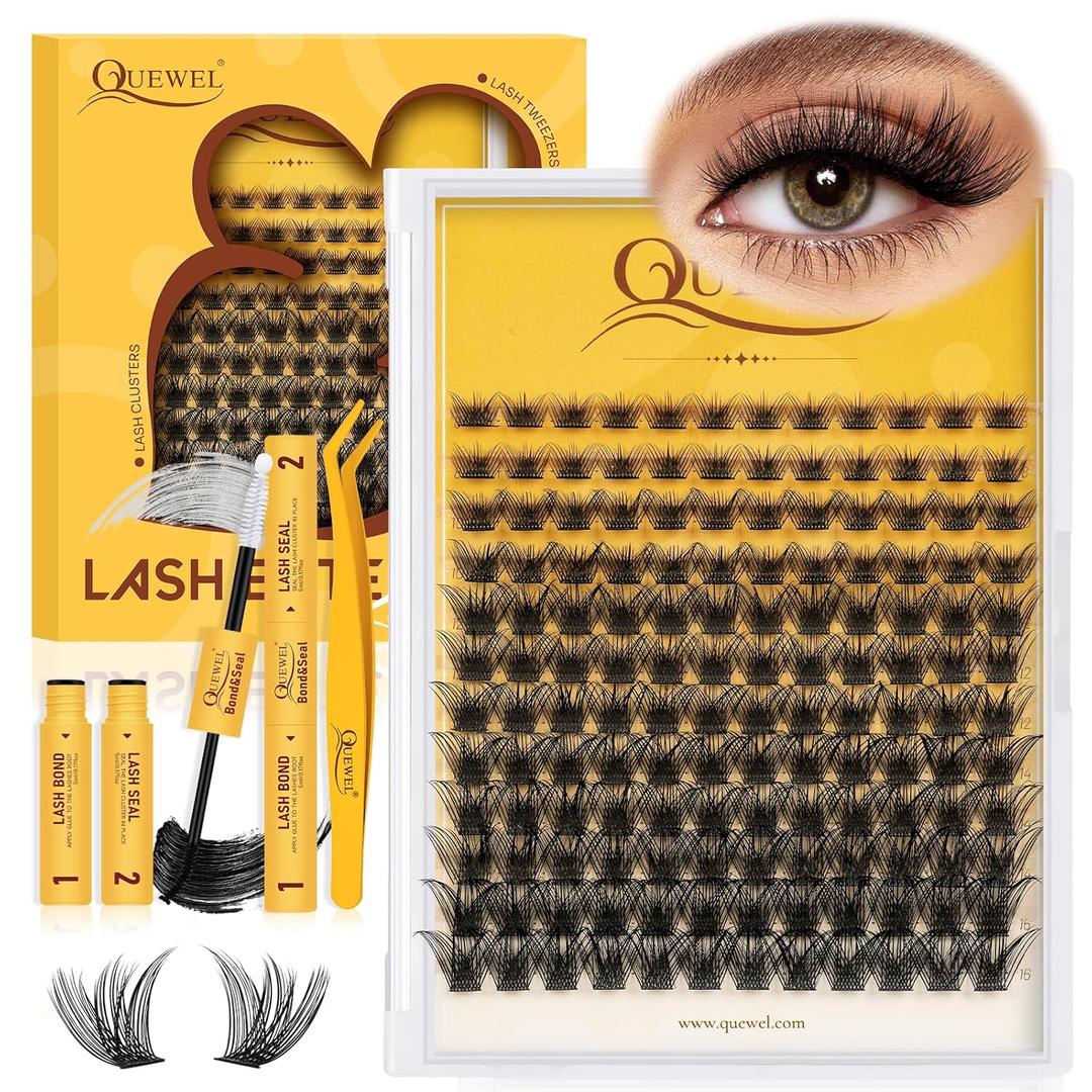 QUEWEL Lash Clusters Kit, 144 Pcs DIY Lash Extension Kit Individual Lashes Eyelash Extension Kit with Lash Bond and Seal Lash Tweezers (144-Mega Kit)