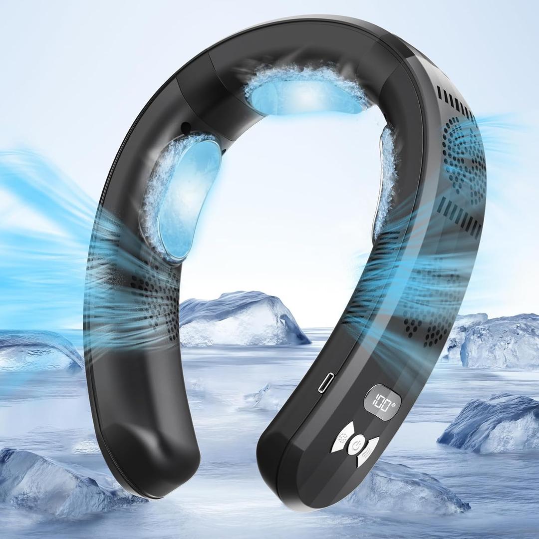 Portable Neck Air Conditioner Fan, Bladeless Fans, Long Endurance Limited Version Portable Neck Fan with LED Rechargeable Personal Neck Fans, 3 Latest Cooler Plates, Quiet, Lightweight Neck Fans, Black