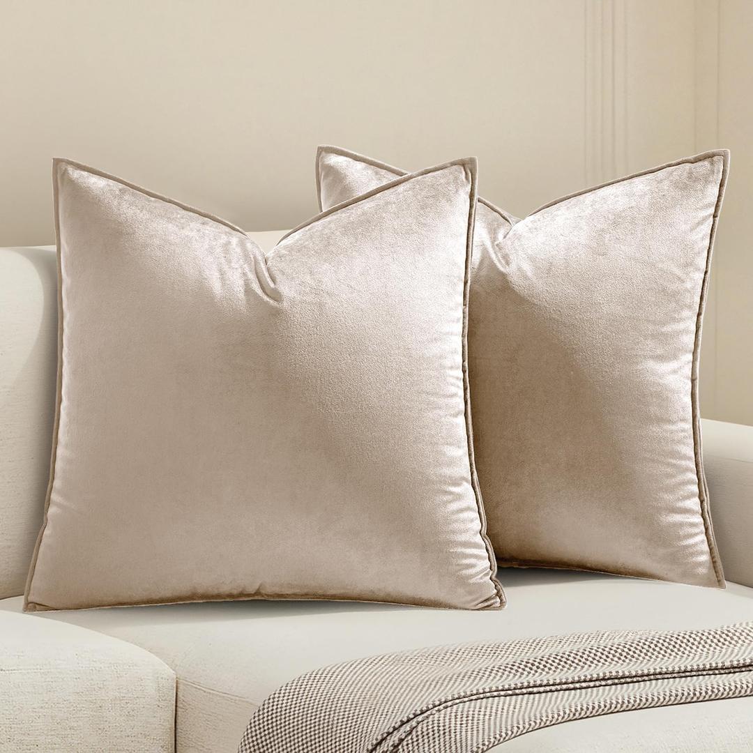 MIULEE Champagne Velvet Throw Pillow Covers 18x18 Soft Decorative Solid Square Cushion Cases Pack of 2 Modern Luxury Home Decor for Couch, Sofa, Bedroom