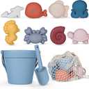 MarcZero 11Pcs Silicone Beach Toys,Modern Baby Beach Toys,Travel Friendly Beach Set,Silicone Bucket, Shovel, 8 Sand Molds, Beach Bag,Silicone Sand Toys for Toddlers, Kids (Blue)