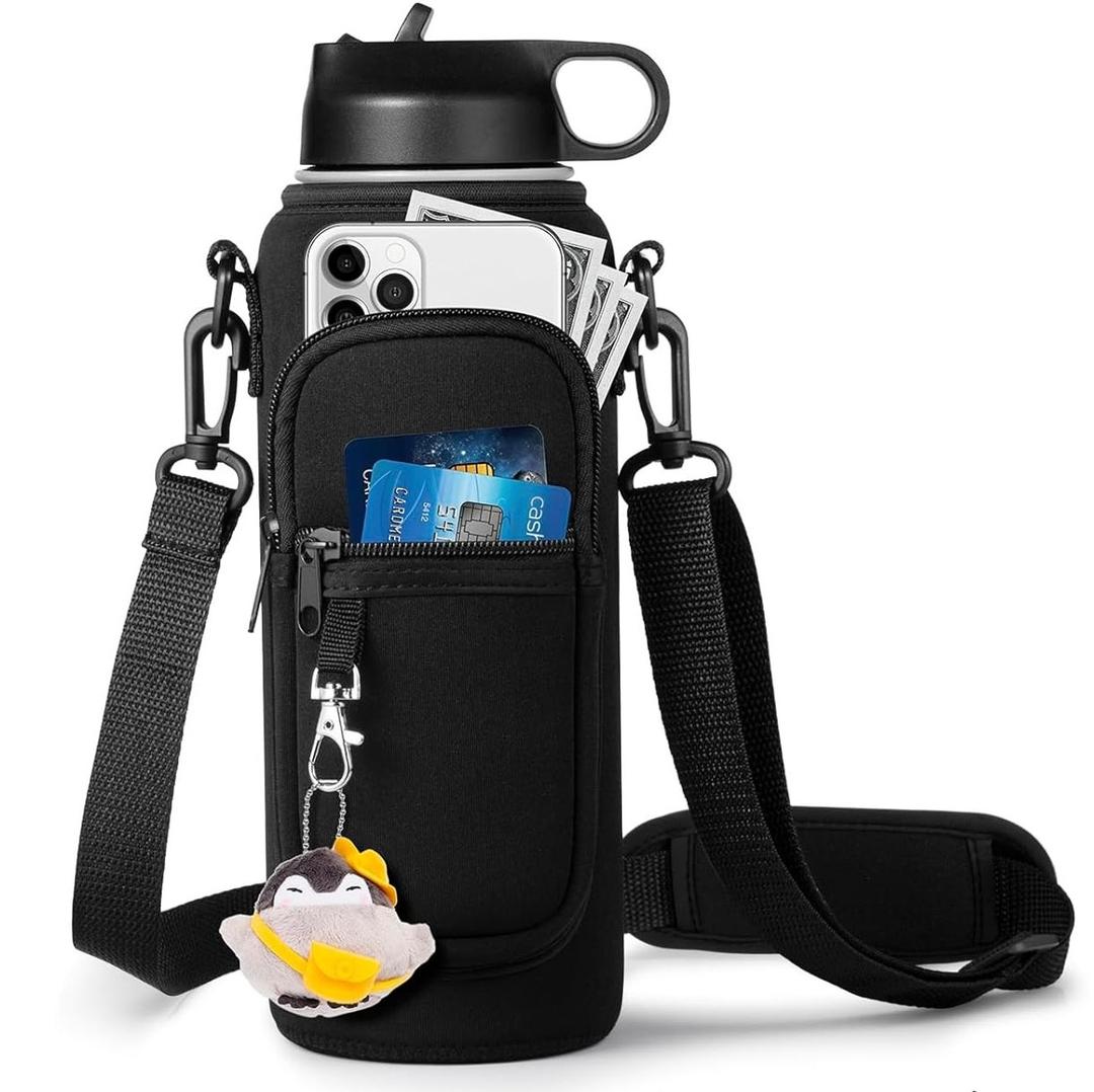 Water Bottle Holder with Strap for Hydroflask 32oz 40oz, Carrier Sling Bag with Phone Pocket Water Bottle Sleeve for Men Women Hiking Camping Travelling (Black)