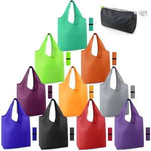 BeeGreen Reusable-Grocery-Bags-Foldable-Machine-Washable-Reusable-Shopping-Bags-Bulk Colorful 10 Pack 50LBS Extra Large Folding Reusable Bags Totes w Zipper Storage Pouch Lightweight Polyester Fabric (Black Blue Teal Lime Orange Burgundy Yellow Grey Navy Red Purple)