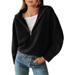 BTFBM Womens Sweaters Quarter Zip Pullover V Neck Collar Long Sleeve Ribbed Knit Loose Casual 2026 Winter Fall Sweater(Black, Small)
