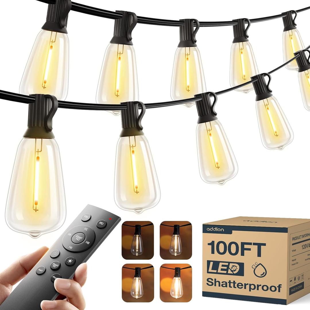 addlon 100FT LED Outdoor String Lights with Remote Waterproof Patio Lights with Shatterproof ST38 Replaceable Bulbs, Dimmable Outside Hanging Light Connectable for Porch, Backyard (100FT(30 Sockets))